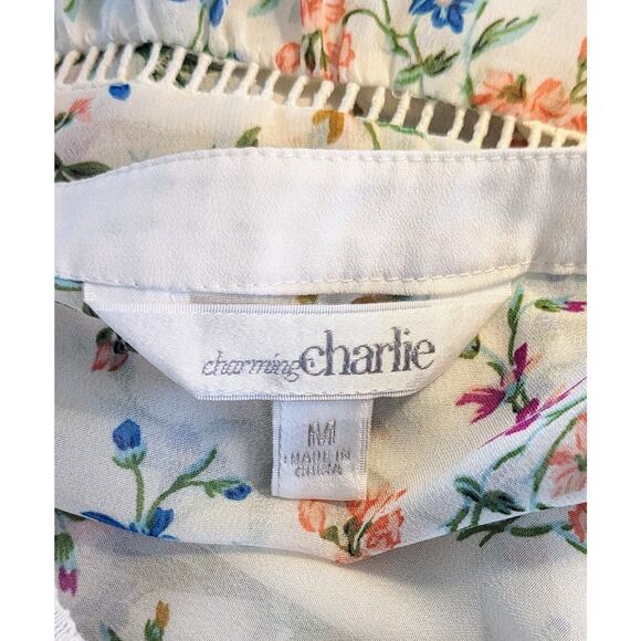 Charming Charlie Sleeveless Blouse Medium White Floral Sheer Lace V Neck Flowy - Picture 8 of 9